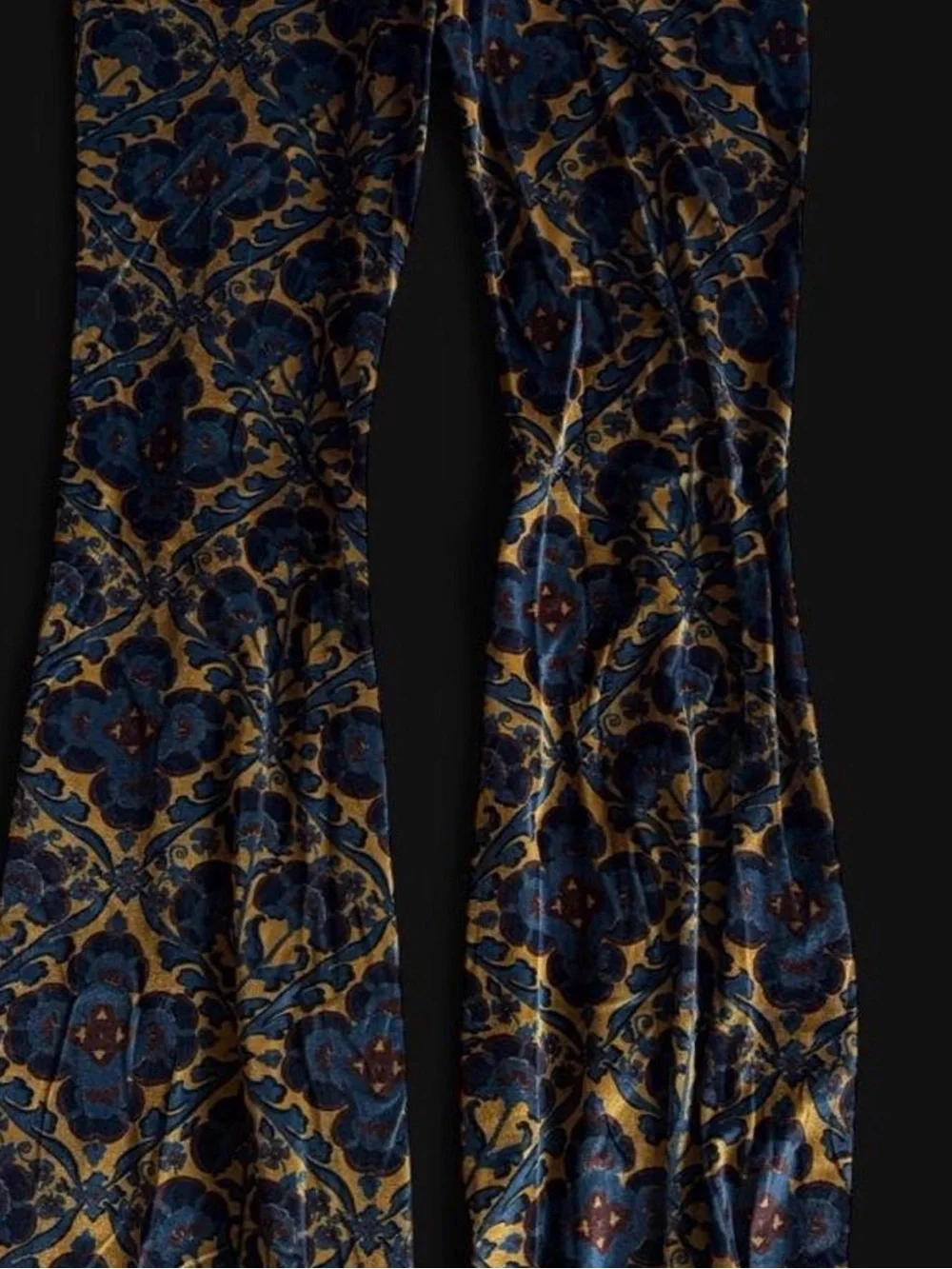 Free People Blue and Gold Floral Velvet Bell Bottom Pants - Picture 5 of 6